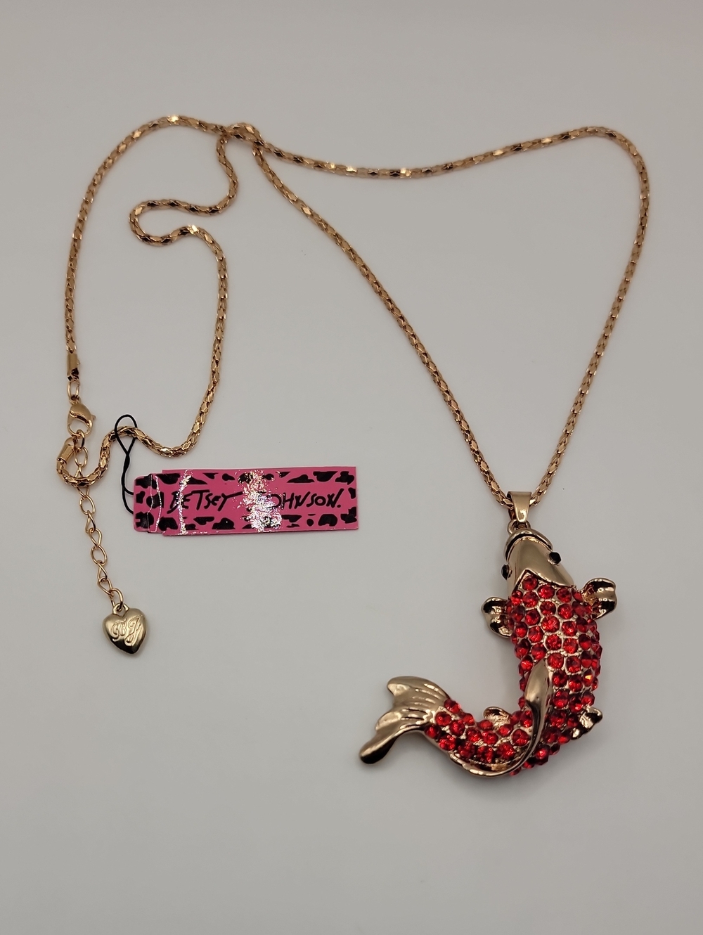 Betsey Johnson Koi Fish Pendant Necklace With Red Crystal Rhinestones 28" Chain